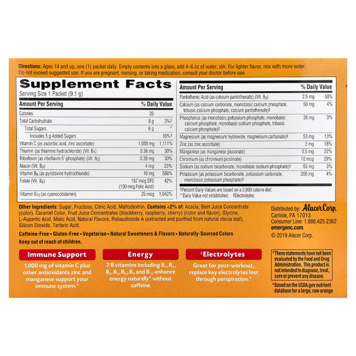 Emergen-C, витамин C, малина, 30 пакетиков, 9,1 г (0,32 унции) каждый
