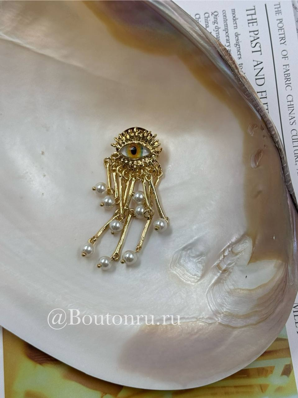 Брошь Скиап. "Глаз" золотистая с имитацией жемчуга