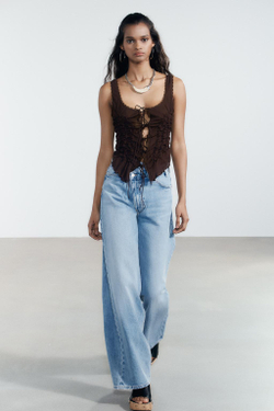 ZARA ТОП СО СБОРКАМИ И ЗАВЯЗКАМИ, ШОКОЛАДНЫЙ