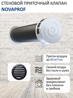 Шумозащитный вентиляционный стеновой клапан КИВ-125 NovaPROF, с вентиляционным каналом 0,5 м и алюминиевой фасадной решеткой с сеткой RAL9005, чёрный