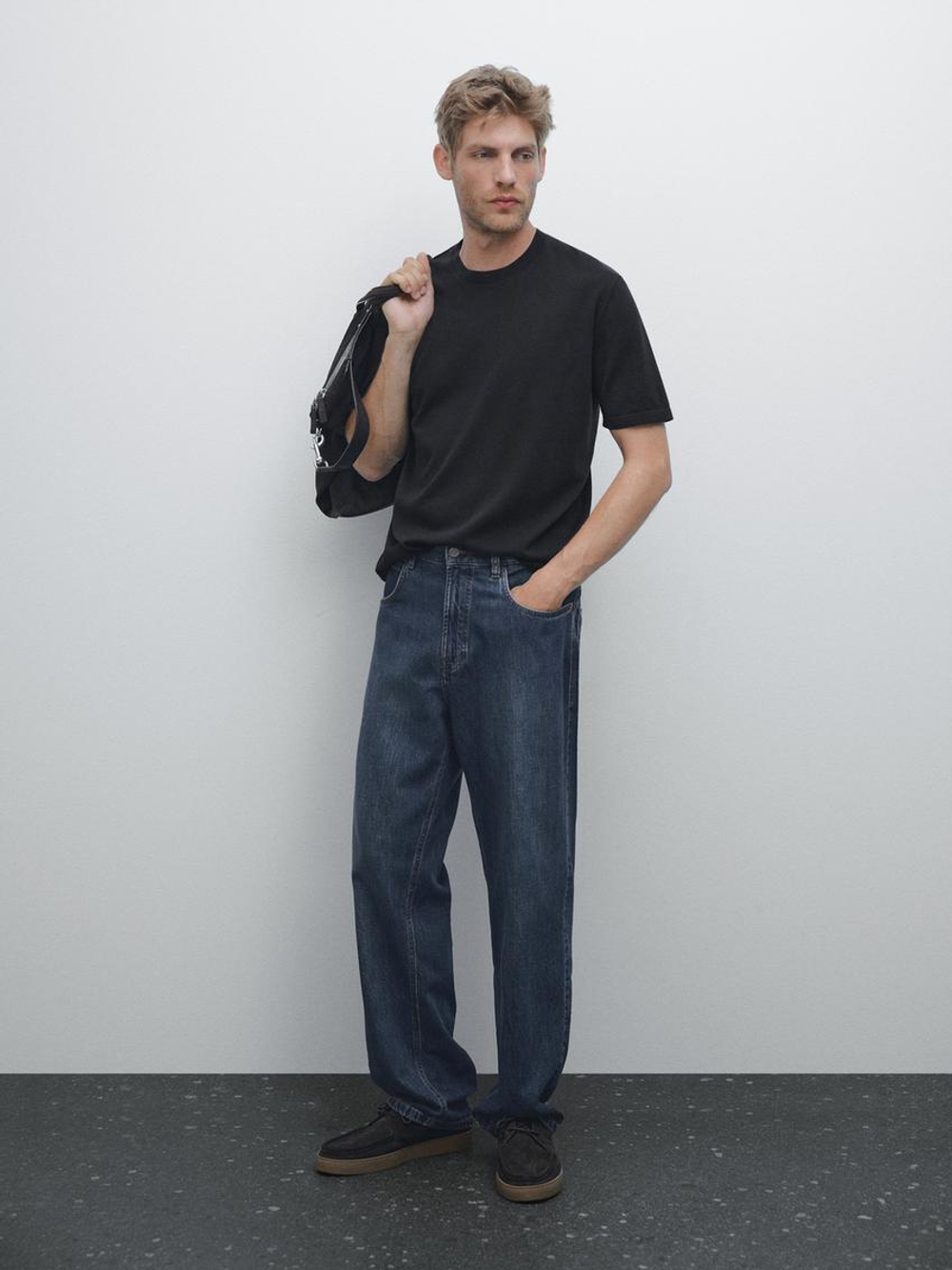 Massimo Dutti Хлопковая футболка с коротким рукавом, темно-синий