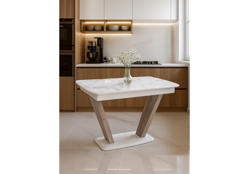 Стол стеклянный Woodville на тумбе Петир белая шагрень, дуб с пилением