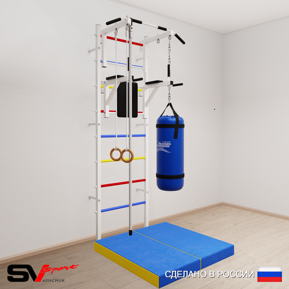 Шведская стенка Sv Sport усиленная 6745 (Турник стандарт/Брусья/Канат/Кольца/Цепь/Мешок 15кг/Мат 1м)