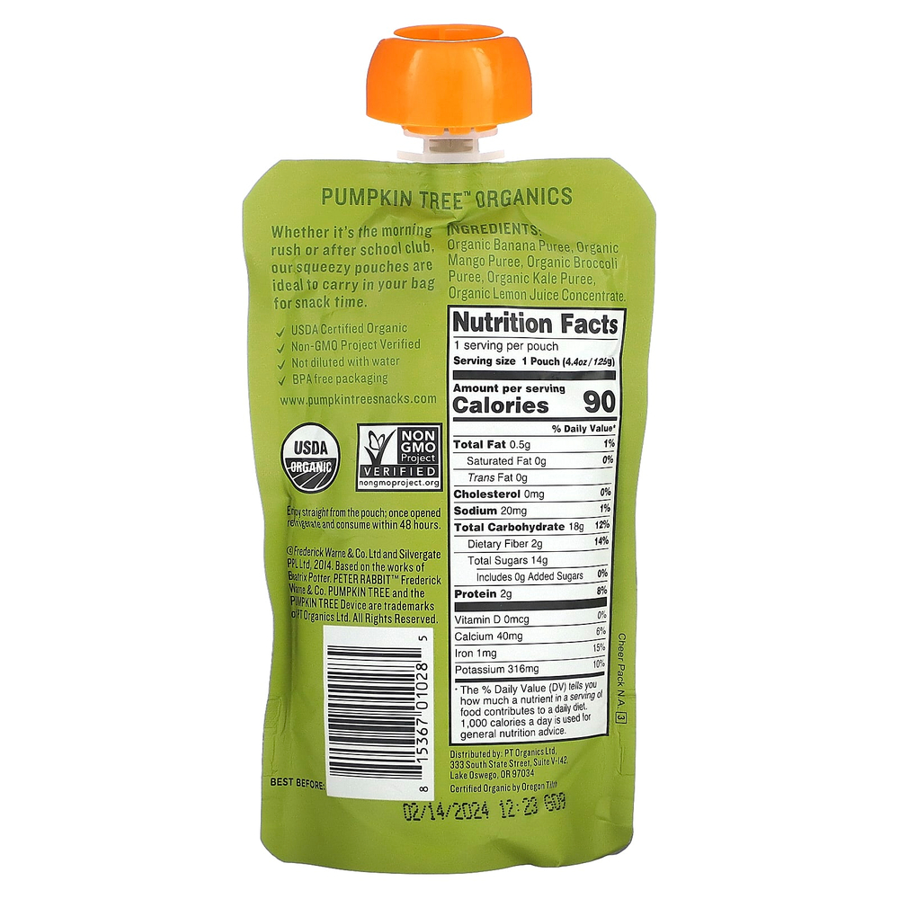 Pumpkin Tree Organics, Peter Rabbit Organics, органическое фруктовое и овощное пюре, банан, манго, брокколи и кудрявая капуста, 125 г (4,4 унции)