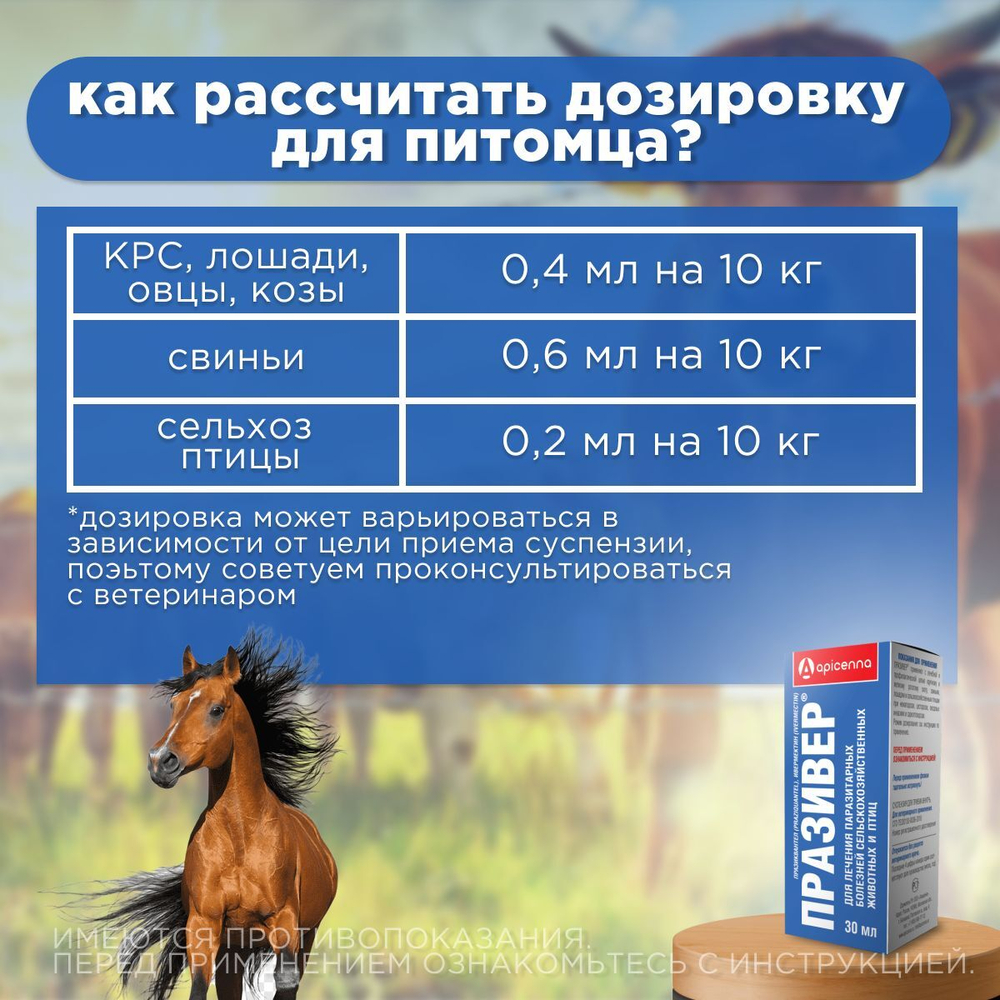 Суспензия для приёма внутрь для лечения паразитарных болезней у сельскохозяйственных животных и птиц Празивер (Apicenna), 30мл Празиквантел/Ивермектин