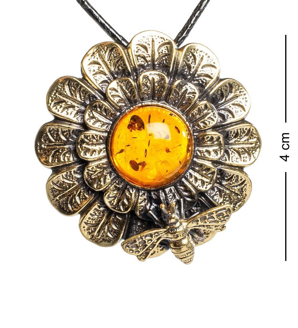 AM-1224 Подвеска «Хризантема с пчелкой» (латунь, янтарь)