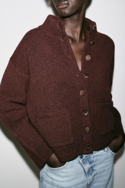 ZARA КАРДИГАН С ВОРОТНИКОМ-СТОЙКОЙ, КОРИЧНЕВЫЙ