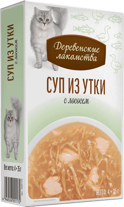 ДЕРЕВЕНСКИЕ ЛАКОМСТВА Пауч для кошек суп из утки с лососем 0,035 кг