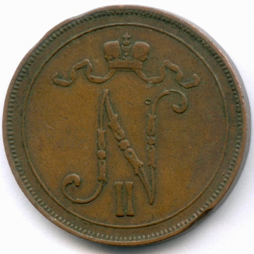 10 пенни 1905 год. Россия для Финляндии (Вензель Николая II). VF
