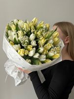 Букет большой из 51 белых, лимонных тюльпанов и ромашек