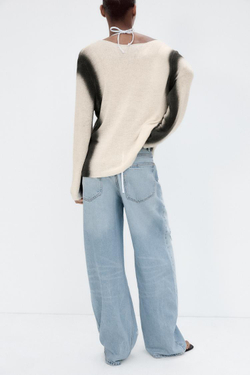 ZARA СВИТЕР ИЗ СМЕСОВОГО ТРИКОТАЖА С ПРИНТОМ, БЕЛЫЙ/ЧЕРНЫЙ