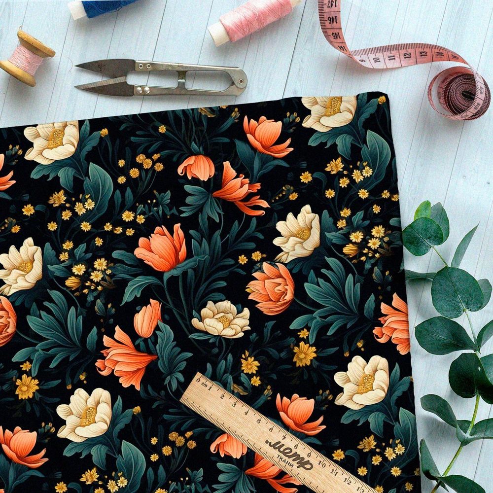 Ткань премиум таффета ночные цветочные фантазии