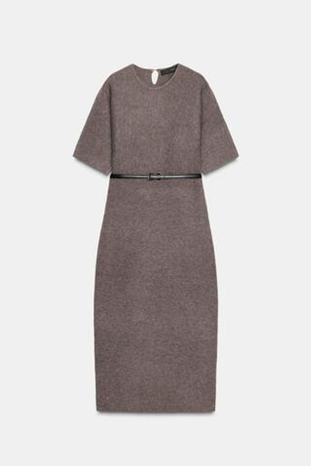 ZARA ВЯЗАНОЕ ПЛАТЬЕ МИДИ С ПОЯСОМ, СВЕТЛО-КОРИЧНЕВЫЙ