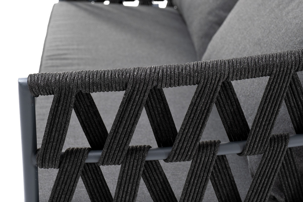 "Диего" диван 2-местный плетеный из роупа, каркас алюминий темно-серый (RAL7024) муар, роуп темно-серый круглый, ткань темно-серая 027