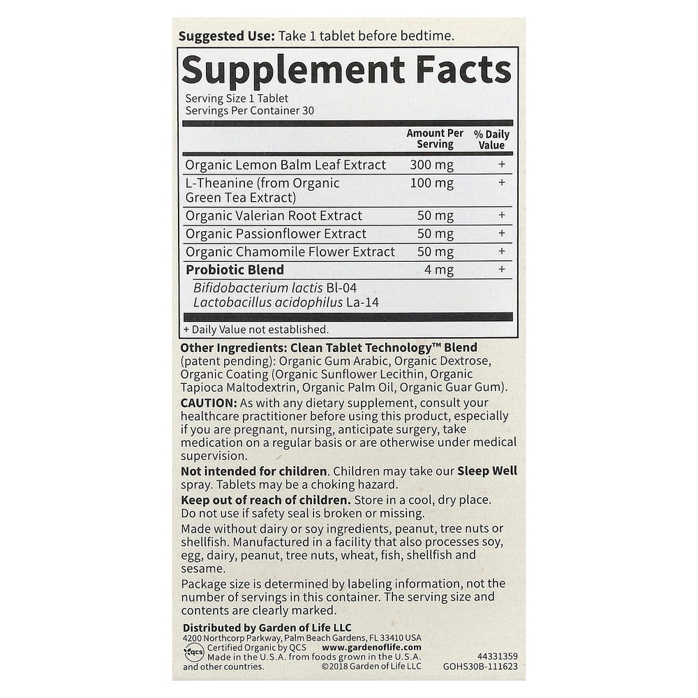 Garden of Life, Organics, Sleep Well, Rest & Refresh, 30 веганских таблеток