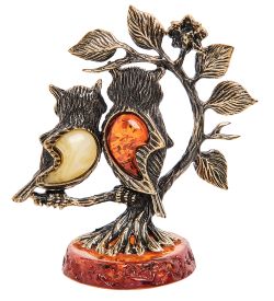 Народные промыслы AM-2248 Фигурка «Совушки на дереве» (латунь, янтарь)
