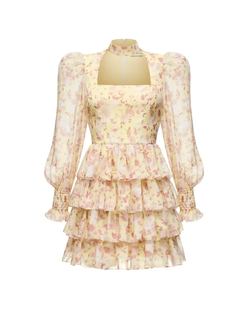 Valerie mini, платье мини из желтого шифона со средними светло-розовыми цветами