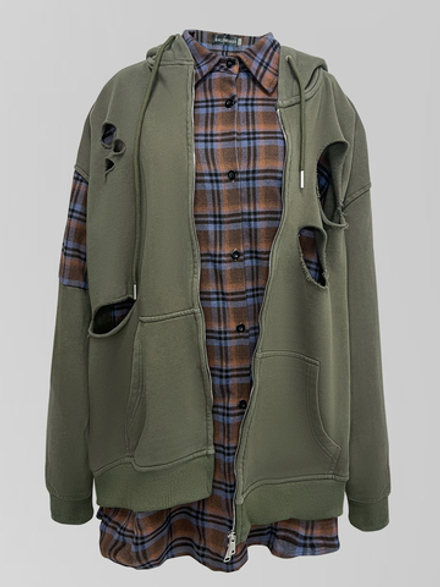 Толстовка 990917 удлиненная на молнии с клетчатой рубашкой внутри