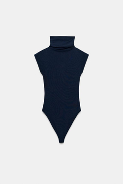 ZARA ХЛОПКОВОЕ БОДИ С ВОРОТНИКОМ-СТОЙКОЙ, МОРСКОЙ СИНИЙ