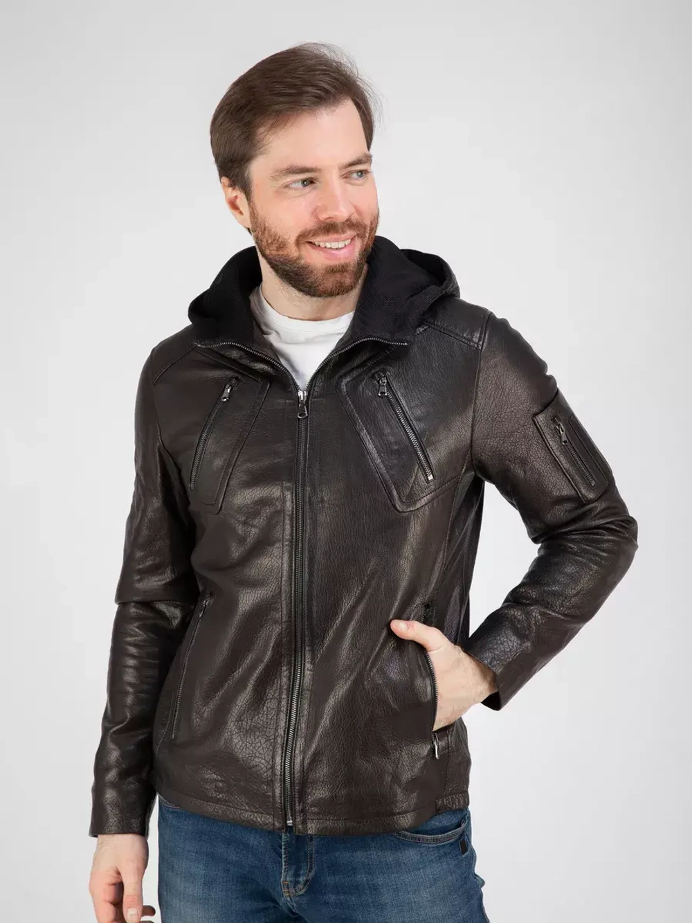 Куртка кожаная натуральная с капюшоном
