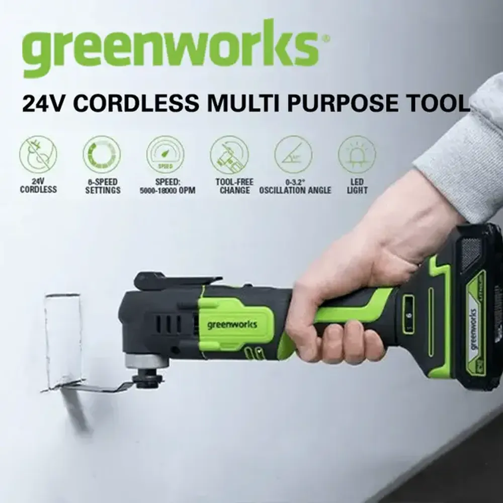 Аккумуляторный реноватор Greenworks G24MT, QOIS, 5000-18000/мин, 3,2°, LED, оснастка 13 шт, 1x2Ач,ЗУ,кор