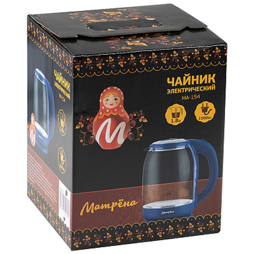 Чайник МАТРЕНА МА-154 стекло, 1,8л, синий