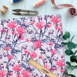 Ткань саржа розовые ромашки на фиолетовых стеблях