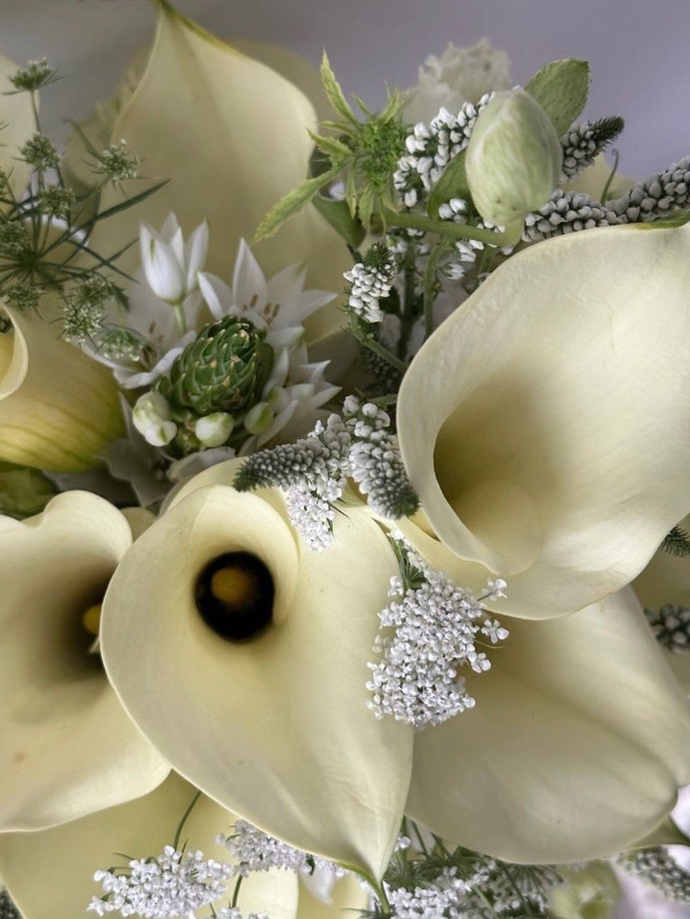 Свадебный букет из белых калл, лизиантуса, хелеборуса, вероники и амаранта
