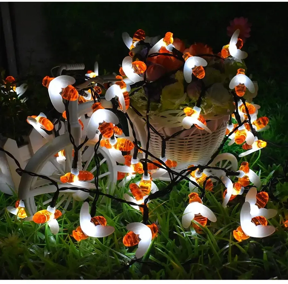 Гирлянда для улицы «Пчёлка» 3м, 20 ламп LED чёрный провод, 2 реж, IP-55, Теплый белый (солнечная батарея).