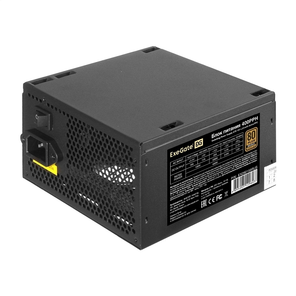 Exegate EX292159RUS Блок питания 400W ExeGate 80 PLUS® Bronze 400PPH (ATX, APFC, КПД 88% (80 PLUS Bronze), 12cm fan, 20+4pin, 4+4pin, 2xPCI-E, 5xSATA, 3xIDE, RTL(color box), black)