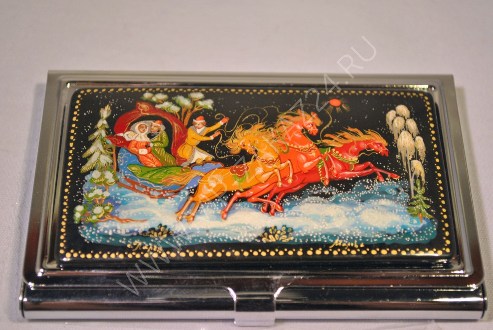 Визитница металлическая персональная "Русская зима" (роспись Палех) худ. Марова