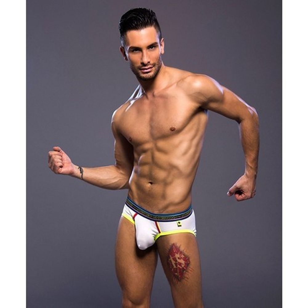 Мужские трусы брифы белые с желтой окантовкой Andrew Christian AC9646
