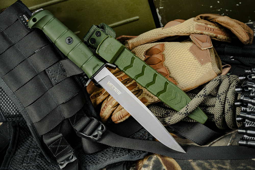 Нож Kizlyar Supreme VECTOR 420HC TW OKH PS (StoneWash, Olive Kraton Handle, Polyamide Sheath)