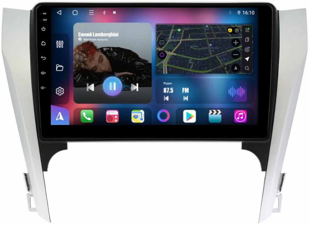 Магнитола Toyota Camry 50 2011-2014 (рамка серебристо-черная под 10") - FarCar BM7048BM на Android 13, QLED, TS10, 4Гб+32Гб, CarPlay, 4G SIM-слот