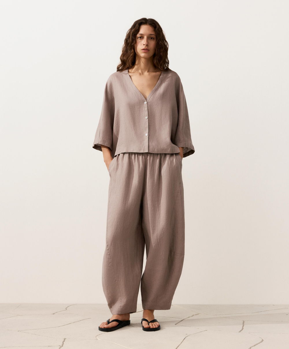 Oysho Рубашка с коротким рукавом из 100% льна, серо-коричневый