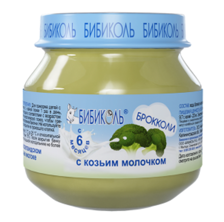 БИБИКОЛЬ овощное пюре с козьим молоком «Брокколи с козьим молочком» гомогенизированное, стерилизованное, для питания детей с 6 мес., стек. банка, 80гр., блок 6шт.