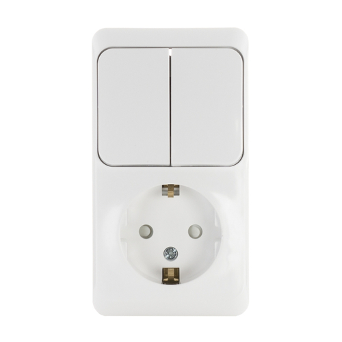 Schneider Electric ЭТЮД Белый Блок: Розетка с заземляющими контактами со шторками + выключатель 2-клавишный открытая установка BPA16-202B