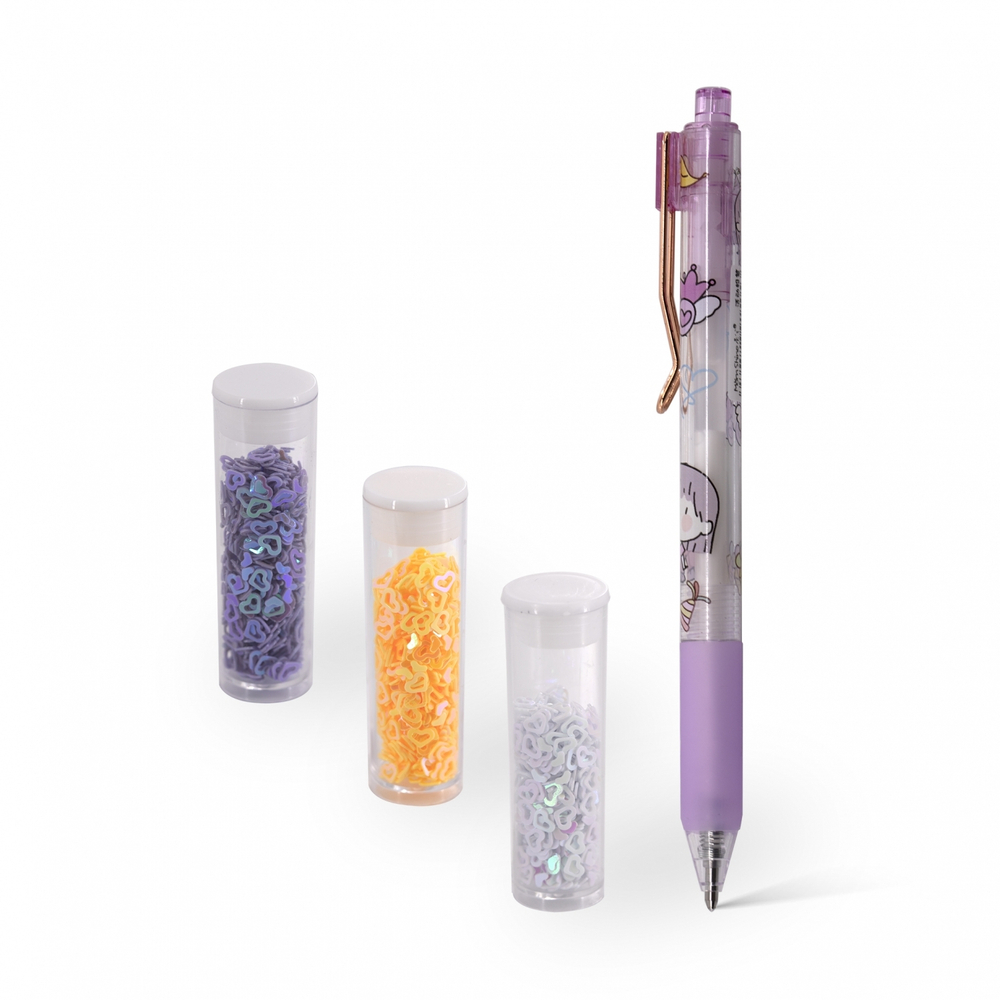 Клей - ручка с блёстками Alingar, "Magic", сиреневый грип, автоматич., силикатный клей, блестки сердечки (бел.,оранж.,фиолет.), пластик. уп., европодв