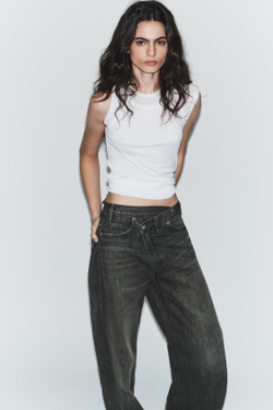 ZARA ДЖИНСЫ TRF WIDE LEG С ПЕРЕКРЕСТНЫМ ПОЯСОМ И ВЫСОКОЙ ПОСАДКОЙ, ЧЕРНЫЙ