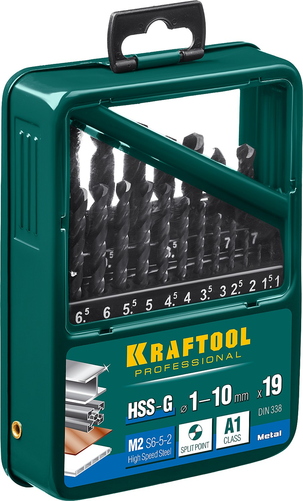 KRAFTOOL HSS-G, 19 шт, (1-10 мм), сталь P6M5, набор сверл по металлу (29651-H19)