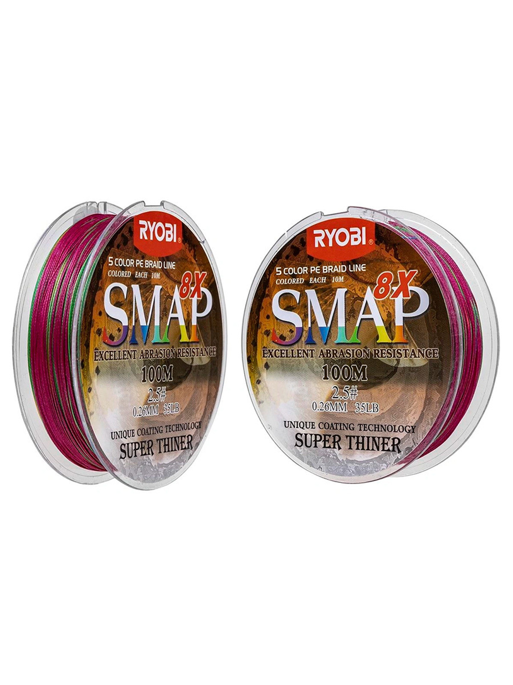 Шнур плетеный для рыбалки Ryobi SMAP PE8X-100M Multi Colour 6.0# 0,405мм