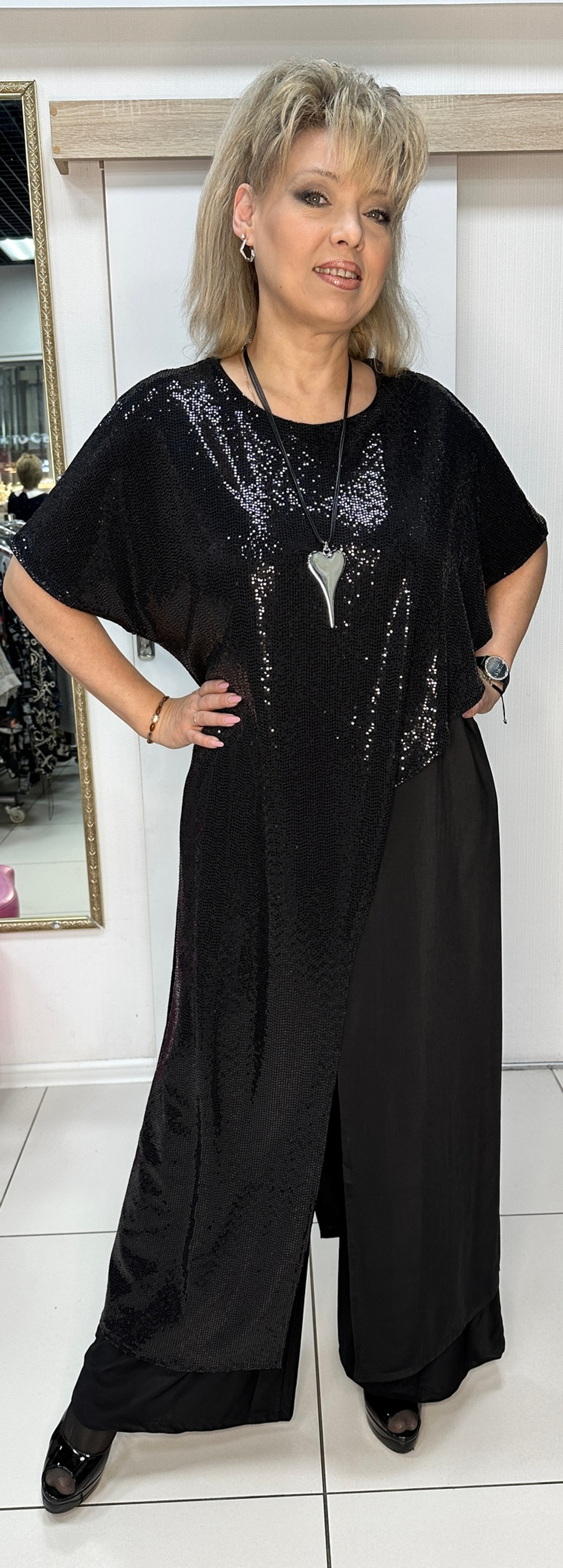 Черная нарядная двойка платье с пайетками + брюки-палаццо
