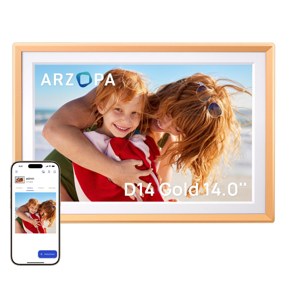 Цифровая фоторамка Arzopa D14 Gold Wi-Fi, 14-дюймовый сенсорный экран IPS, разрешение 1920x1200