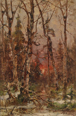 Зимний пейзаж с заходящим солнцем, Клевер Ю. Ю., картина для интерьера (репродукция) Настене.рф
