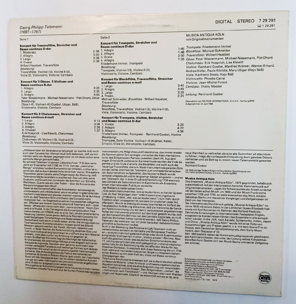 Винтажная виниловая пластинка Telemann, Musica Antiqua Koln, Reinhard Goebel Blaserkonzerte Wind Concertos Concertos Pour Instruments A Vent (GDR 1989)