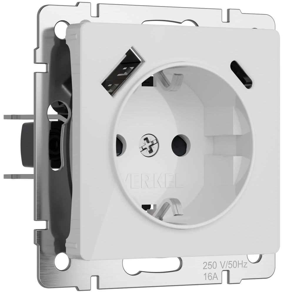 Розетка с заземлением, шторками и USB тип A+C (белый акрил) W1171741