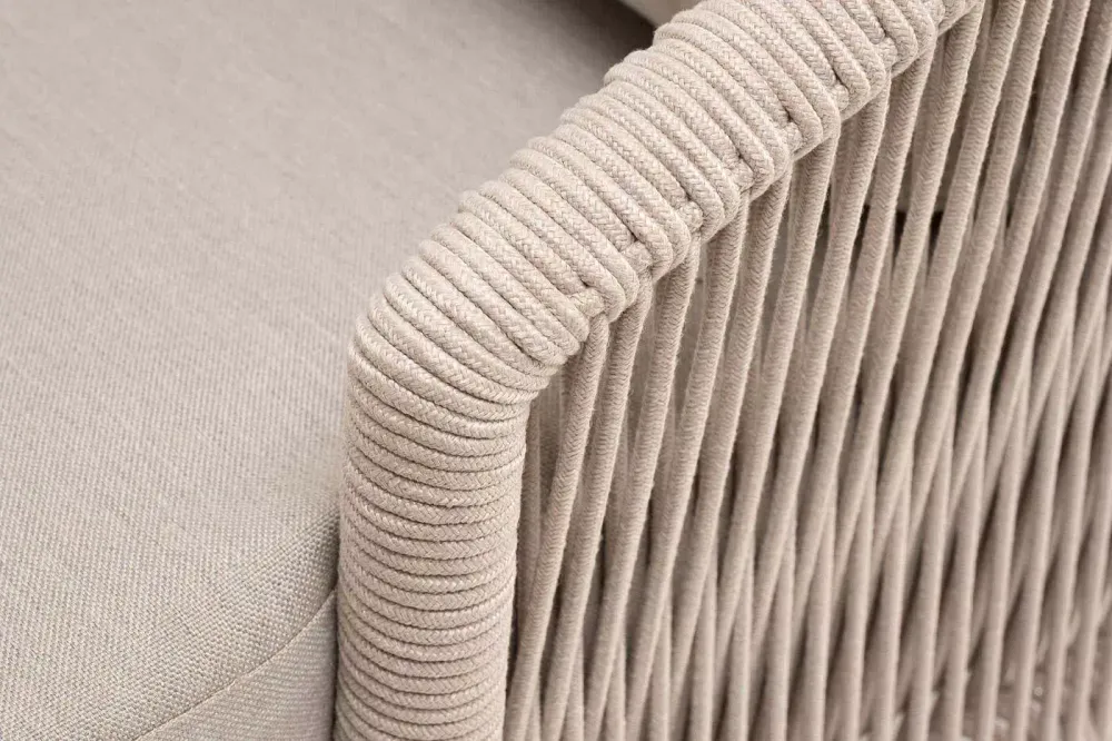"Верона" диван 3-местный плетеный из роупа, каркас алюминий белый муар, роуп бежевый круглый, ткань бежевая 052