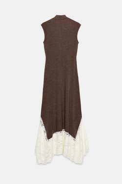 ZARA ДЛИННОЕ КОМБИНИРОВАННОЕ ПЛАТЬЕ С КРУЖЕВОМ, КОРИЧНЕВЫЙ