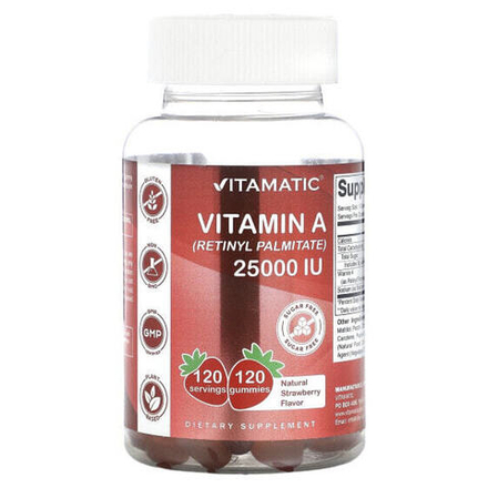 Витамин А Vitamatic, Витамин A (ретинилпальмитат), натуральная клубника, 2500 МЕ, 120 жевательных таблеток