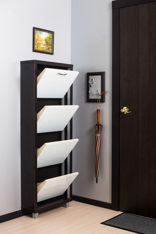 Обувница в прихожую компактная для обуви Люкс 4 белое стекло венге